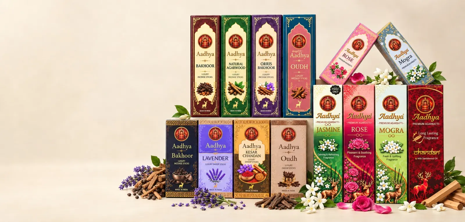 The full Aadhya range — premium and luxury dhoop and incense sticks